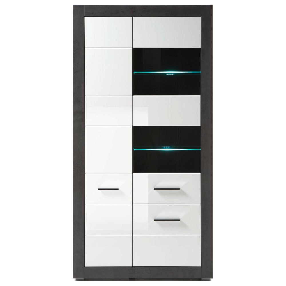 Lomadox Vitrine ETON-61 in Hochglanz weiß mit Betonoptik dunkel mit LED 100/198/35cm