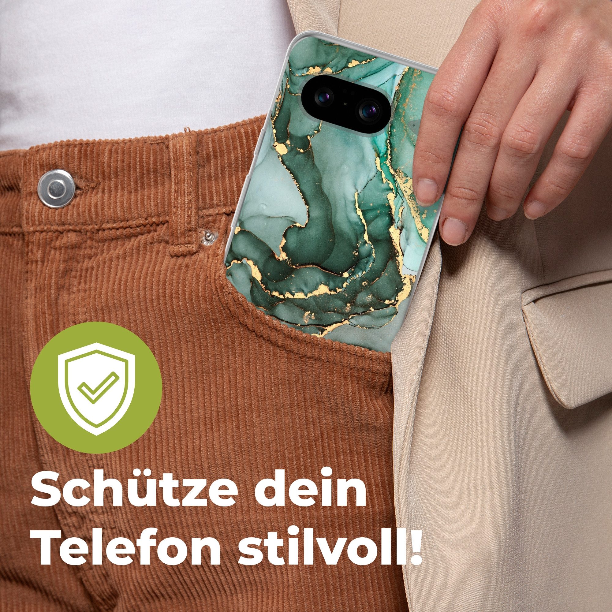 MuchoWow Handyhülle für Google Pixel 8 Gold - Marmor - Grün - Luxus - Marmoroptik - Grau, Handy Case, Silikon, Bumper Case Dünn