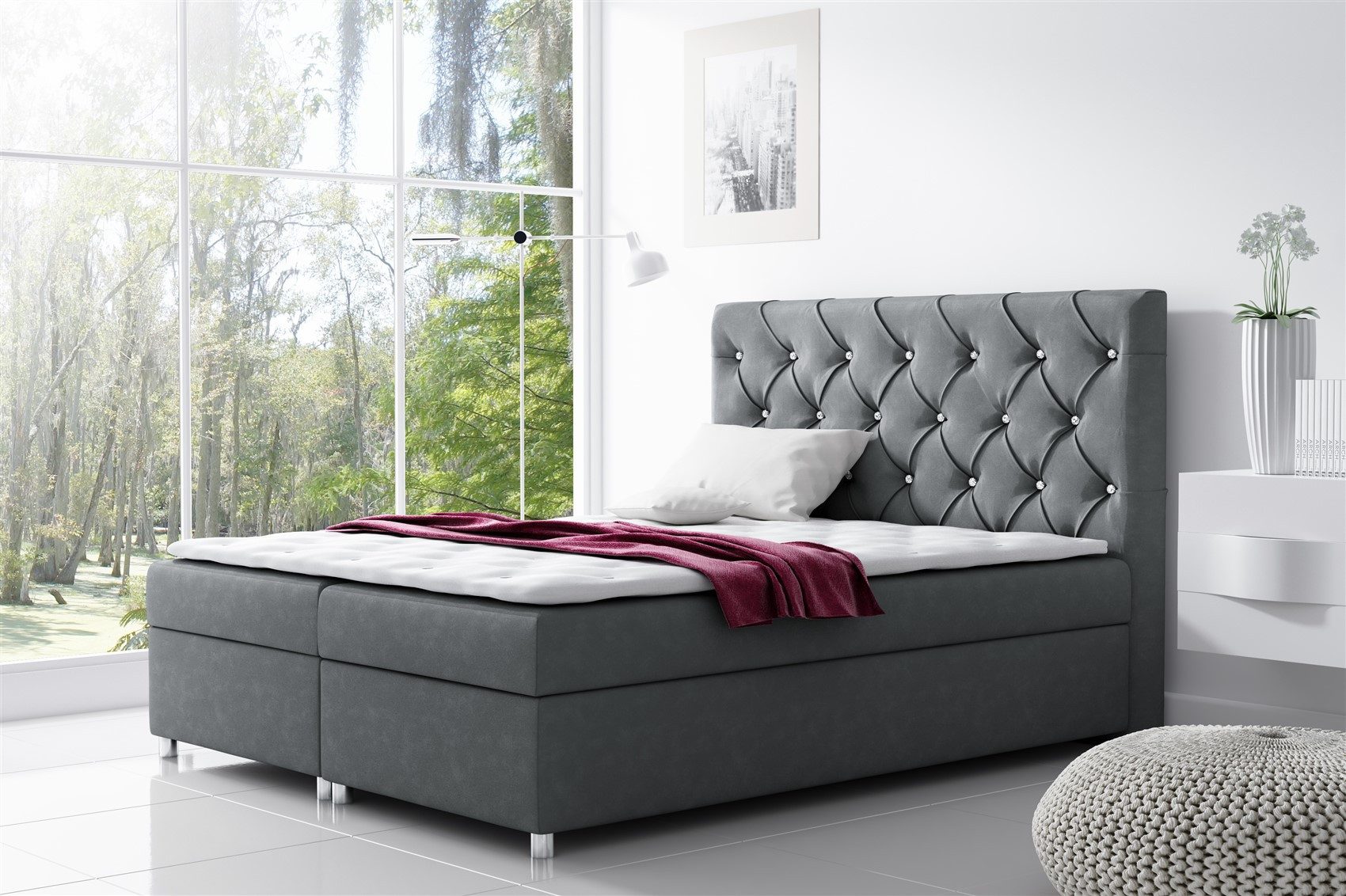 Fun Möbel Boxbett Schlafzimmerbett DOLCE in Stoff oder Kunstleder (inkl. Gasdruckfeder zur pneumatischen Hebeunterstützung, Inkl. Topper und Bettkasten), Kopfteil mit Steppung, abgesetzt mit Kristallsteinen