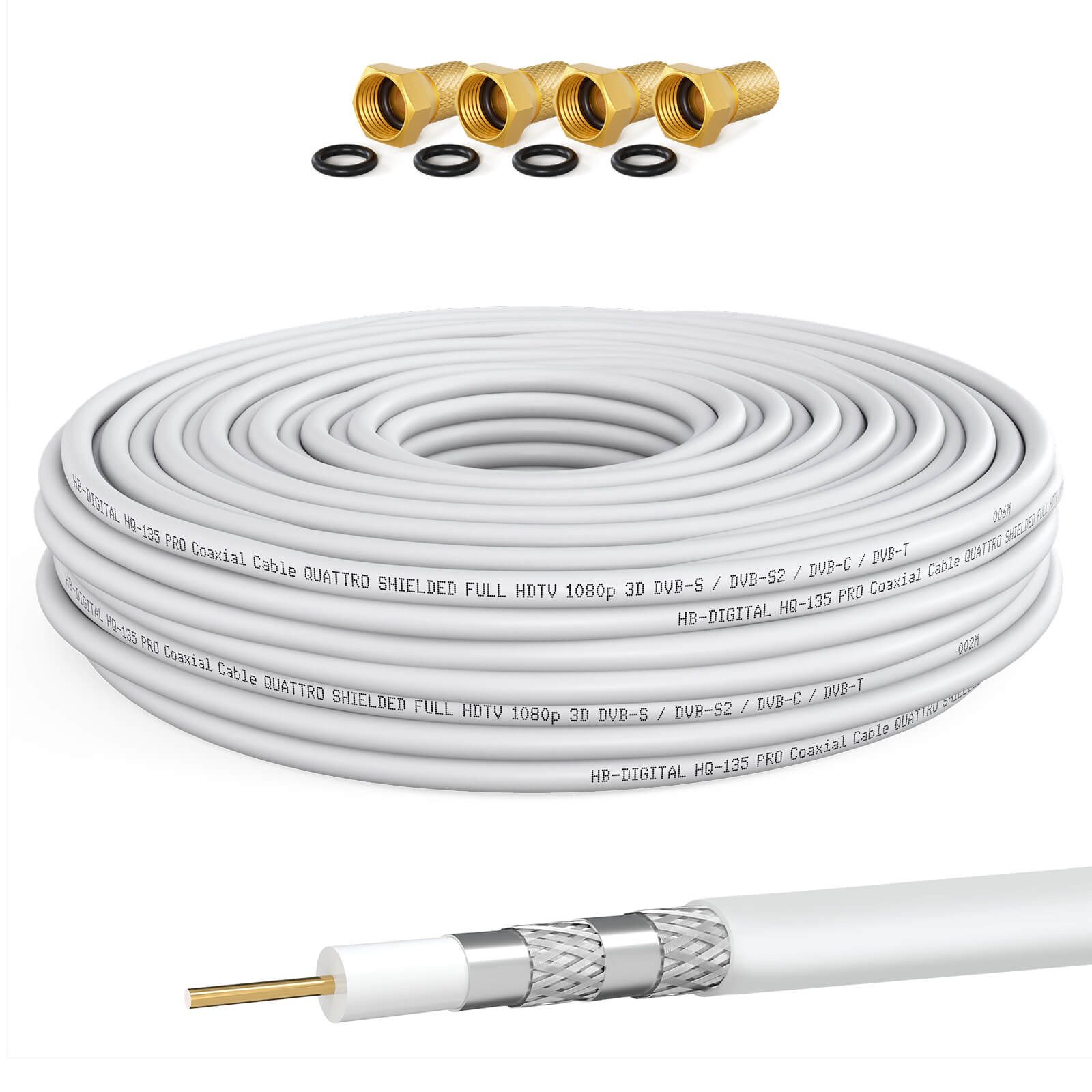 HB-DIGITAL Koaxialkabel 10m HQ 135dB 4-Fach geschirmt Stahl Kupfer 4x F Stecker SAT-Kabel, F Stecker, (1000 cm), UV- Wasser und Temperaturbeständig
