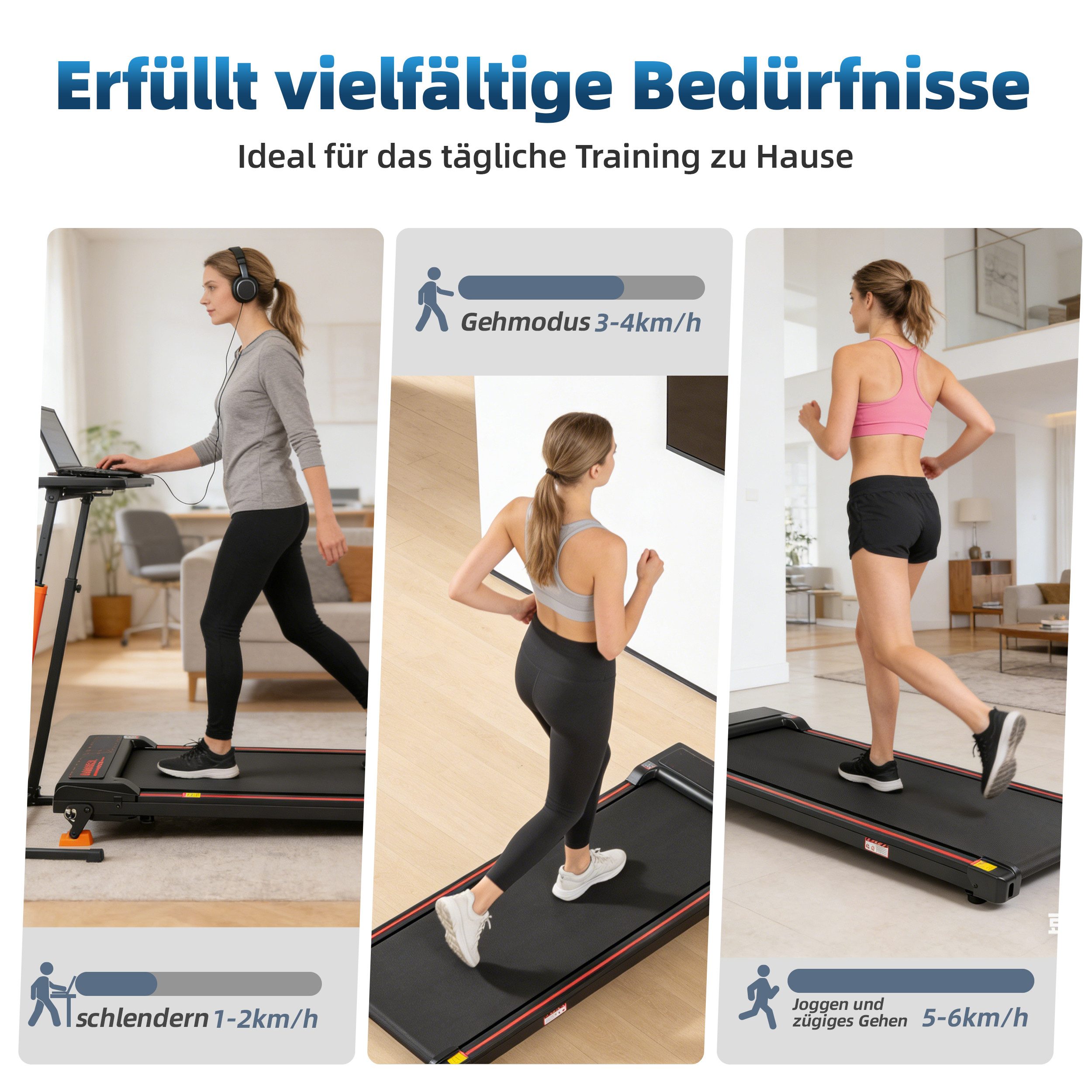 Vankel Laufband Walking Pad mit 8% Steigung, 1–6 km/h (Fernbedienung), Ultraflaches Gehband mit App, Bluetooth & WLAN
