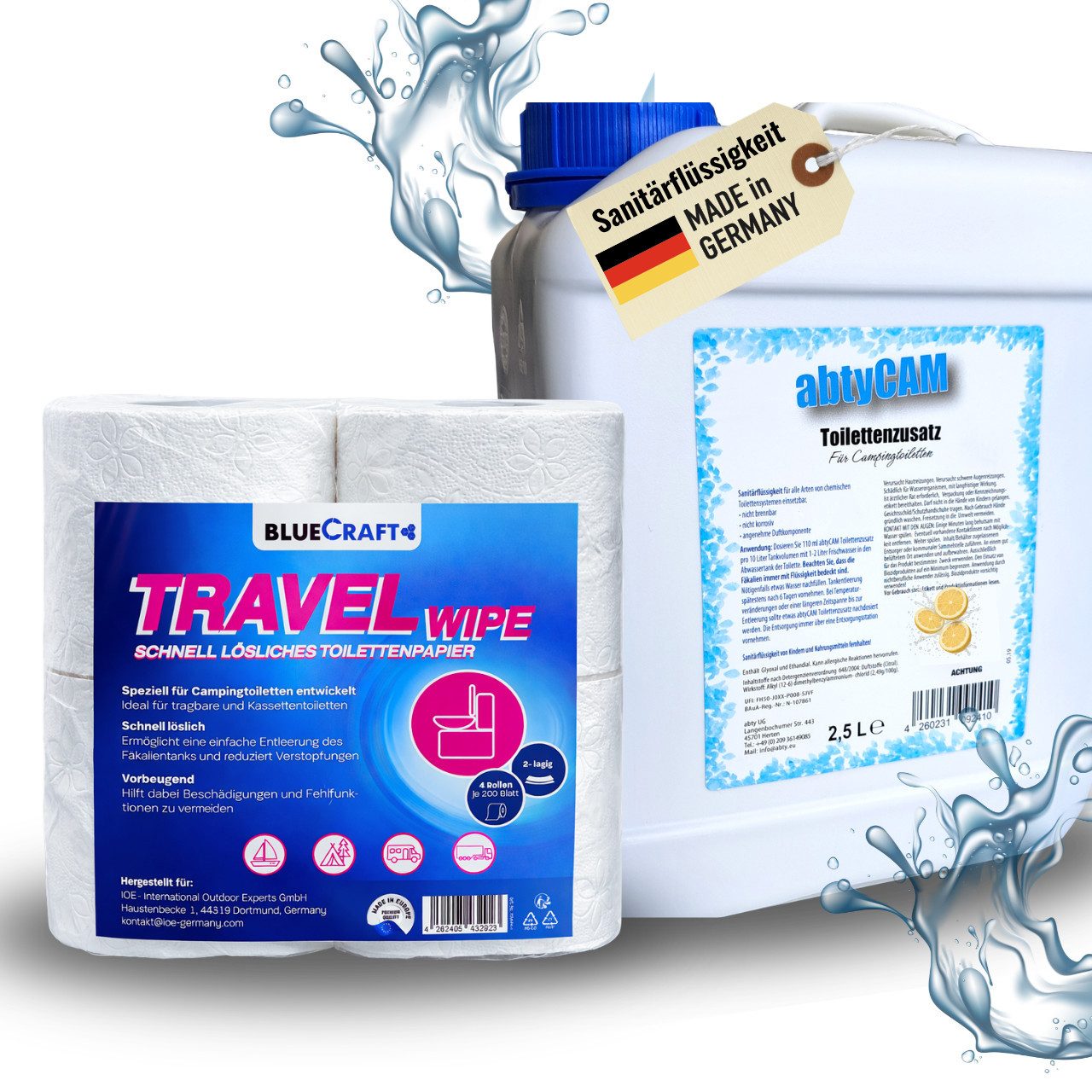 BlueCraft Sanitärflüssigkeit 2,5 L für mobile Camping Toiletten Sanitärzusatz Campingtoilettenreiniger (Toilettenzusatz WC Konzentrat mit Citronenduft Inkl. 4 Rollen Toilettenpapier, [- Sanitärkonzentrat für Abwassertank Zusatz für Chemietoiletten)
