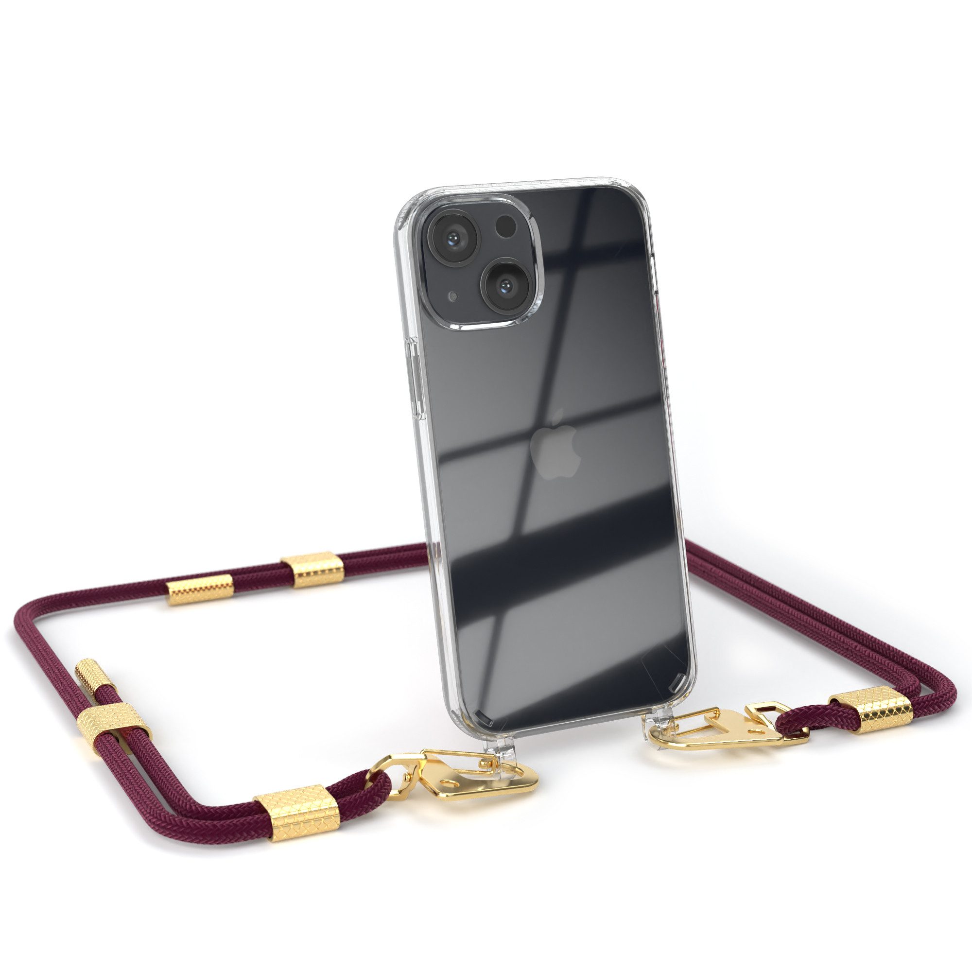 EAZY CASE Handykette Silikonhülle mit Kette für Apple iPhone 13 Mini 5,4 Zoll, Handykette zum Umhängen Phone Chain Festivalbag Smartphone Dunkelrot