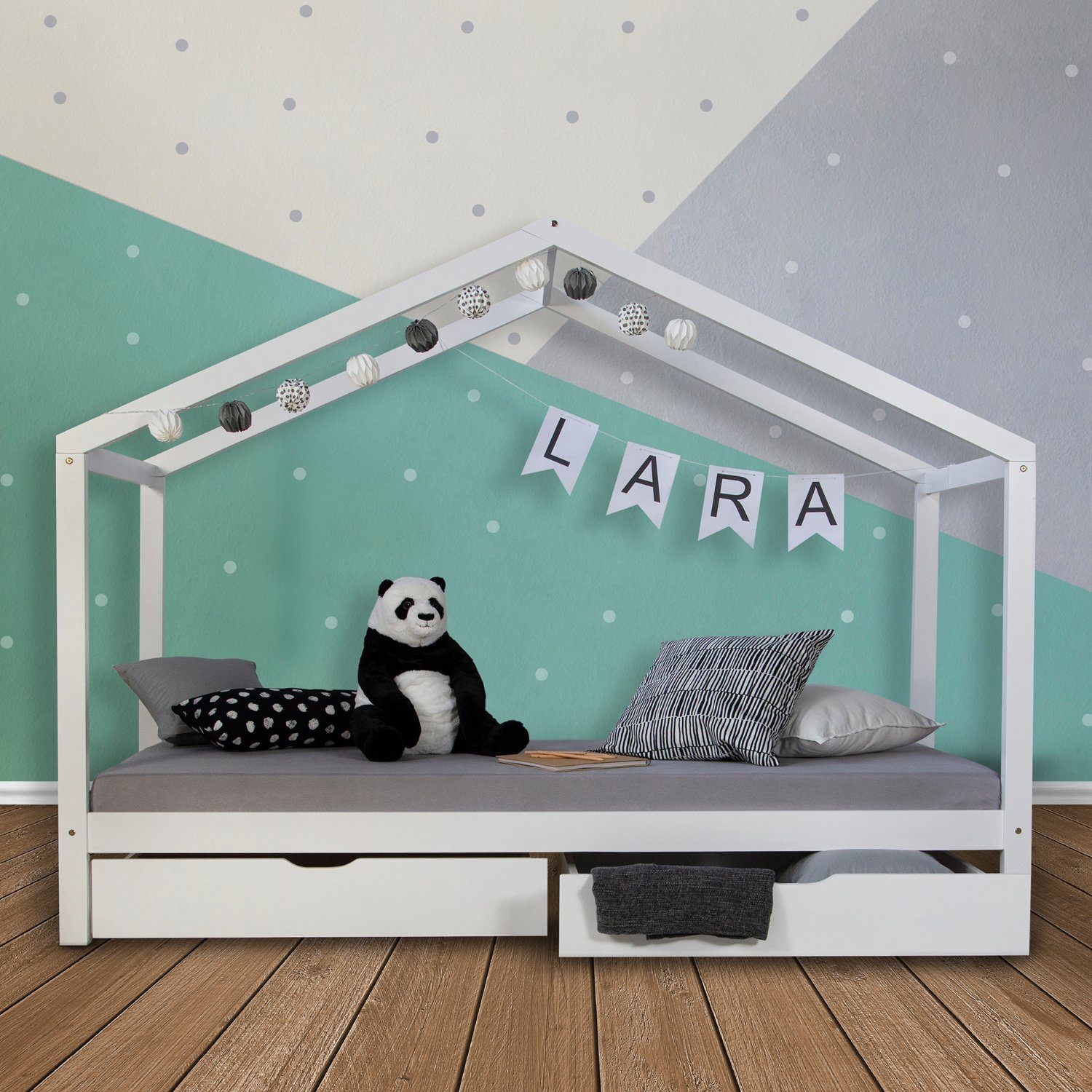 Homestyle4u Hausbett 90x200 Kinderbett Kinderhaus Holzbett Holz mit Dach Kiefer Kleinkind (Komplett-Set mit Lattenrost, 3-tlg., Matratze mit OEKO-TEX® Standard 100), mit Stauraum, 2 Bettkästen/Schubladen