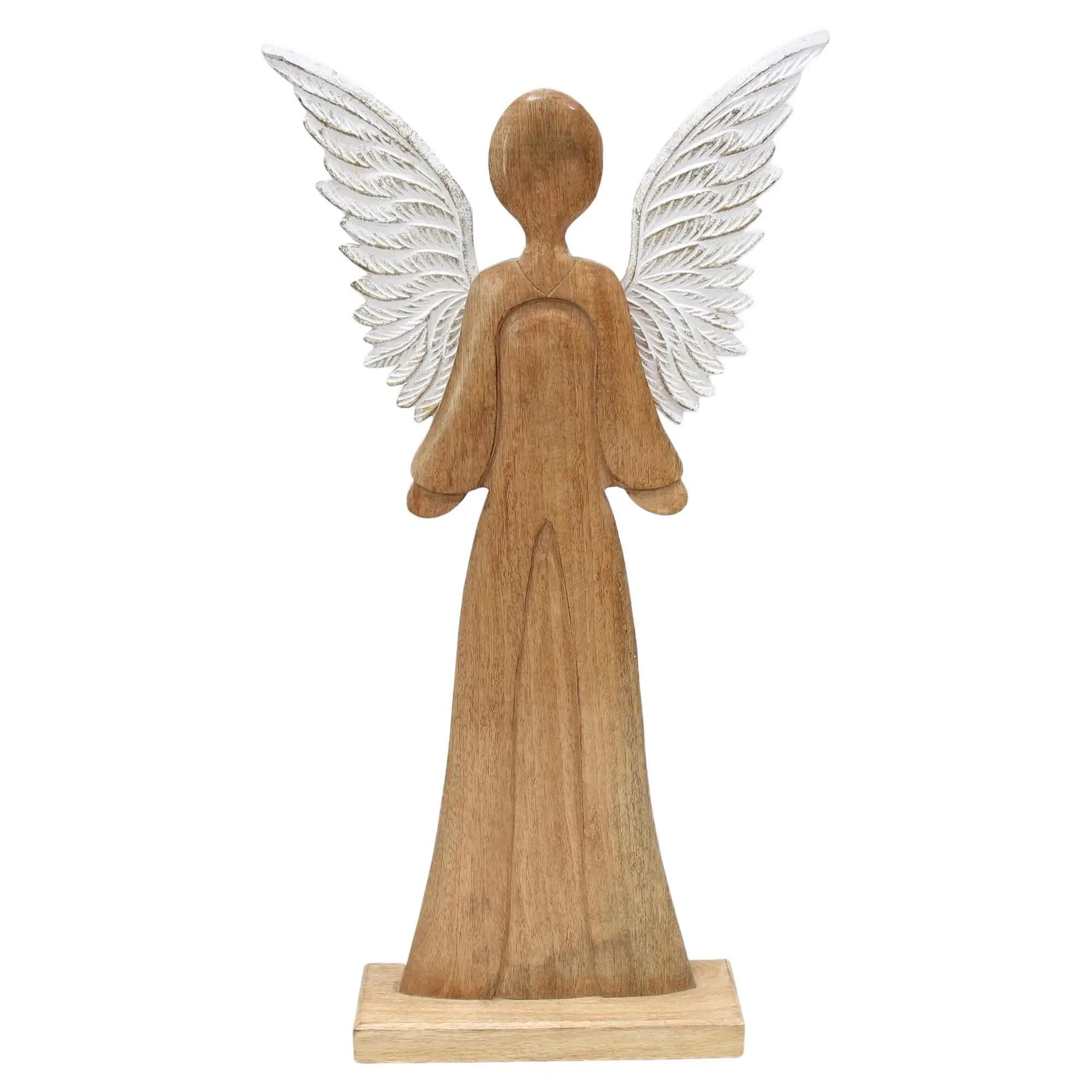 Dekoleidenschaft Engelfigur "Schutzengel" 83 cm groß, Engel aus Mango-Holz, Dekofigur, Holzfigur, Metall-Flügel in weiß / gold, Figur, Dekofigur