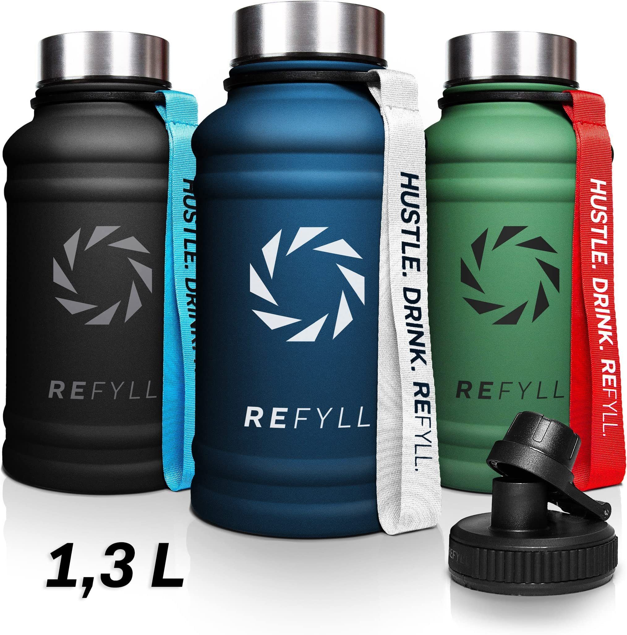 REFYLL Trinkflasche Edelstahl Trinkflasche Hero Gym, Blue Sport, robust, Jug 1,3 Trinkflasche Navy für Auslaufsicher, auslaufsicher Water 2,2L, und L 1,3L Fitness