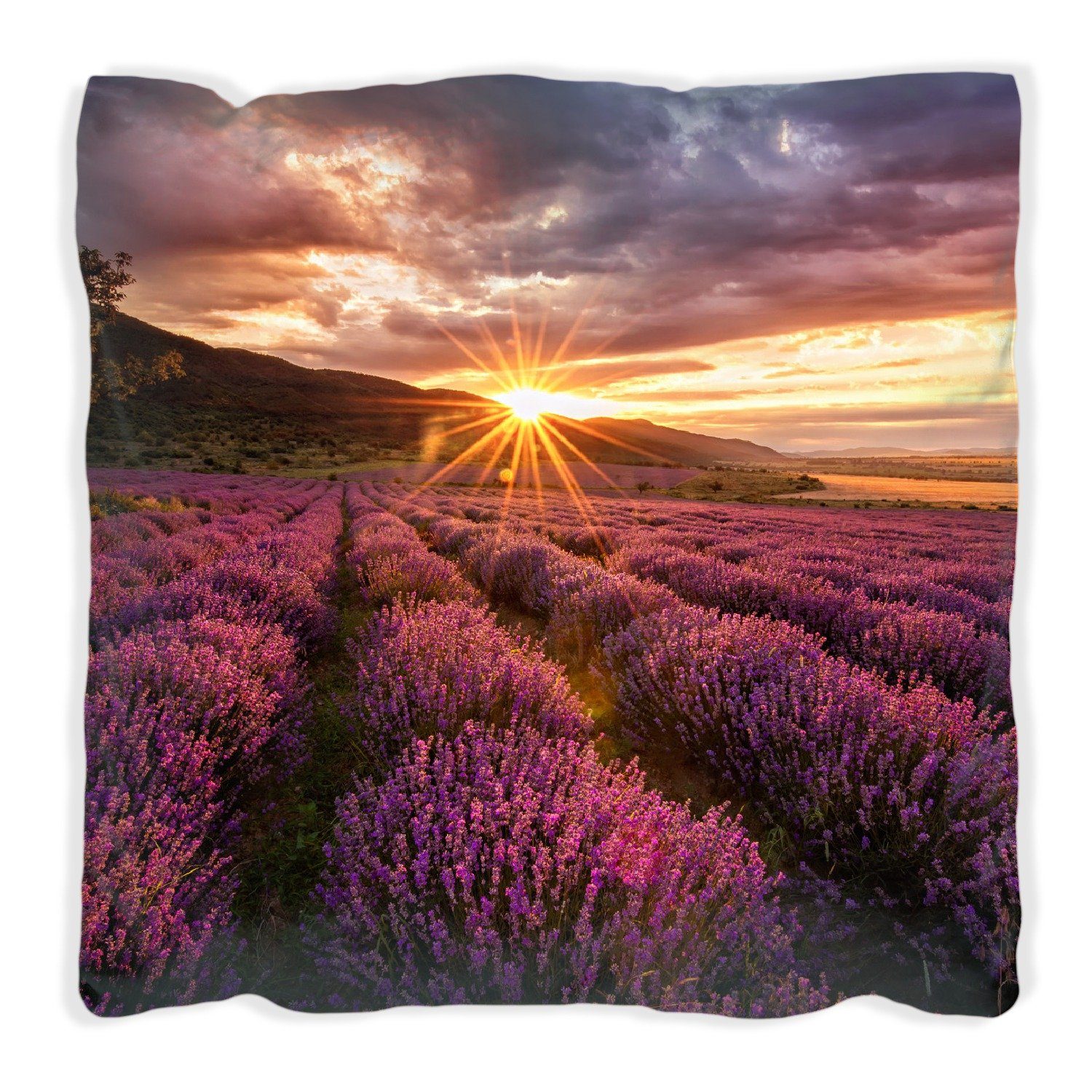 Wallario Dekokissen Lavendelfeld bei handgenäht Sonnenuntergang - Sonnenstrahlen