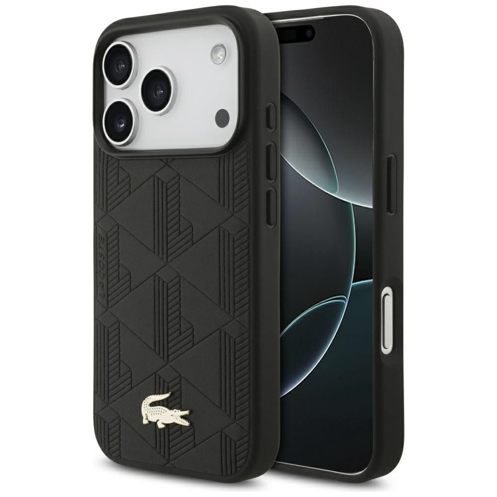 Lacoste Handyhülle iPhone 17 Pro Kunstleder schwarz Logo Krokodil goldfarbig. 6,3 Zoll, Kantenschutz