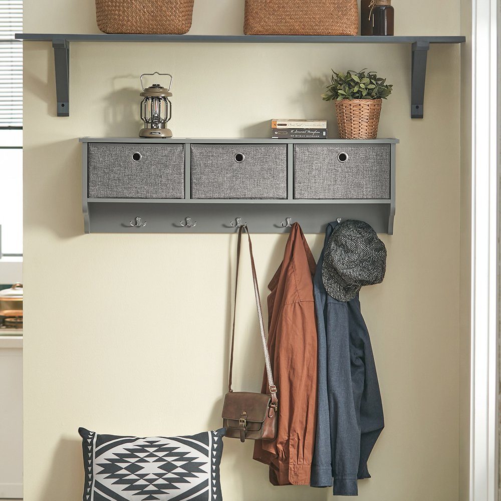 SoBuy Wandgarderobe mit 3 Körben und 5 Haken Holz Schwarz FRG282-SCH günstig online kaufen
