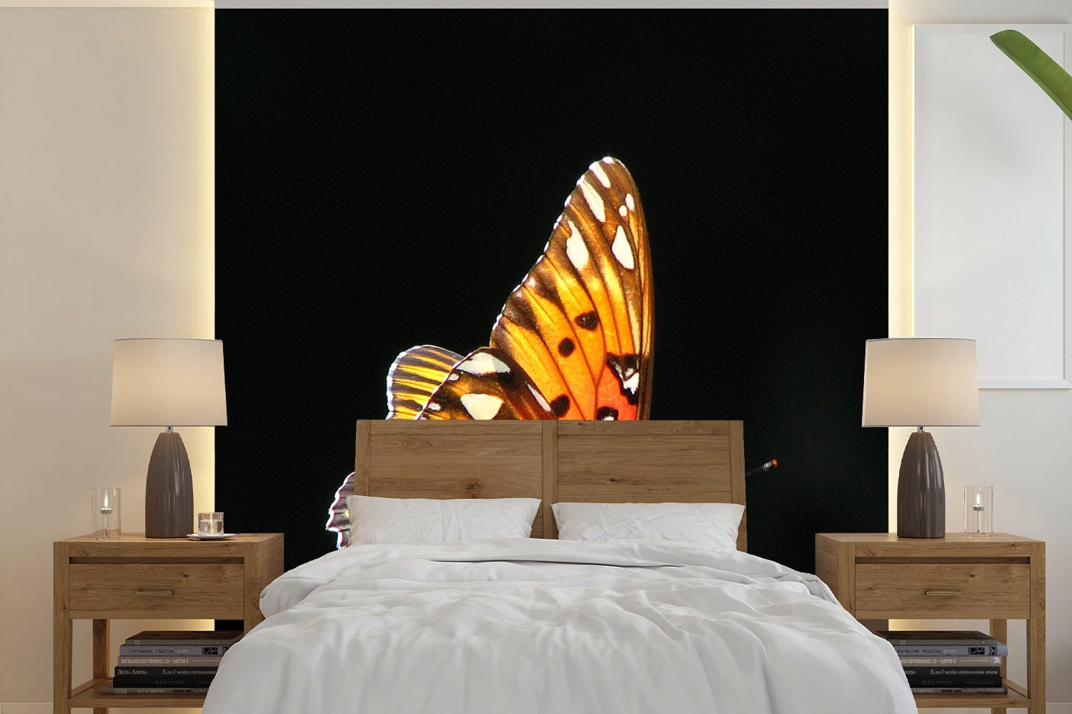 Fototapete Schwarz - Porträt - Fototapete Insekt St), bedruckt, - Matt, Küche, Schmetterling Vliestapete - Wohnzimmer Schlafzimmer - Blumen Orange, MuchoWow (4 für