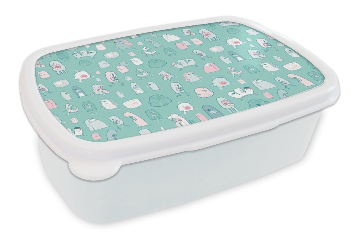 MuchoWow Lunchbox Monster - Muster - Pastell, Kunststoff, (2-tlg), Brotbox für Kinder und Erwachsene, Brotdose, für Jungs und Mädchen weiß