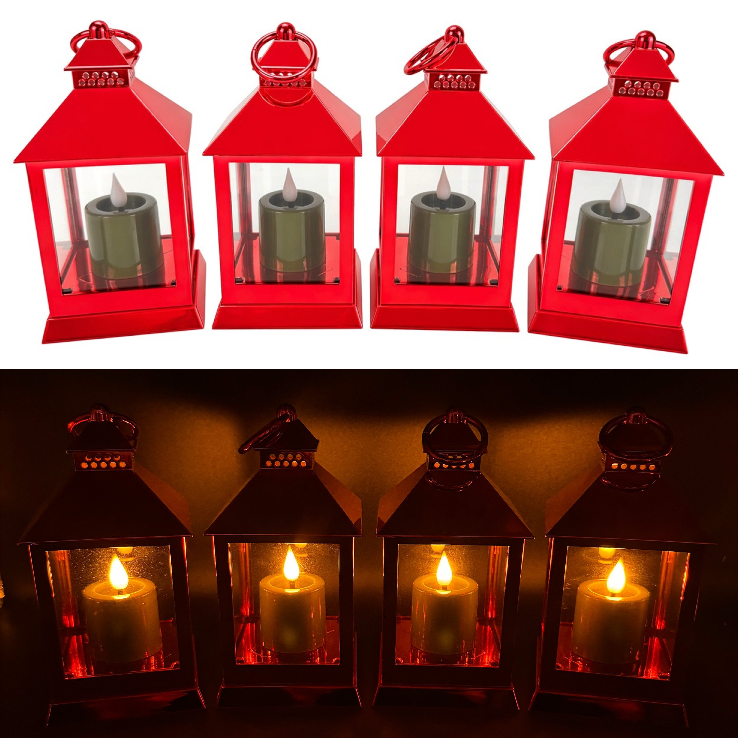 Online-Fuchs LED Laterne - 4er Set Deko Laternen mit LED-Kerzen und 6-Stunden Timerfunktion, mit realistischer Kerzenflamme, warmweiße Beleuchtung, glänzender Shiny-Look - aus Kunststoff gefertigt