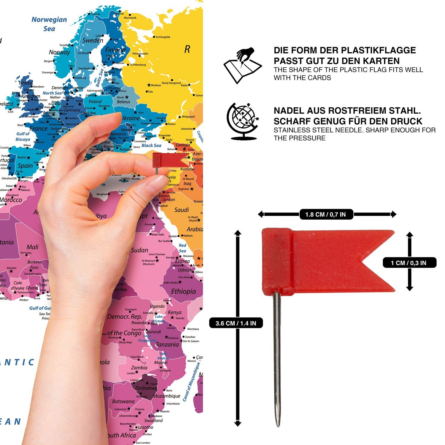 Goods+Gadgets Pinnwand GOODS+GADGETS Weltkarte Markierungs Stifte-100 Markierungsfähnchen, Kork-Wand Markierungs-Fahnen