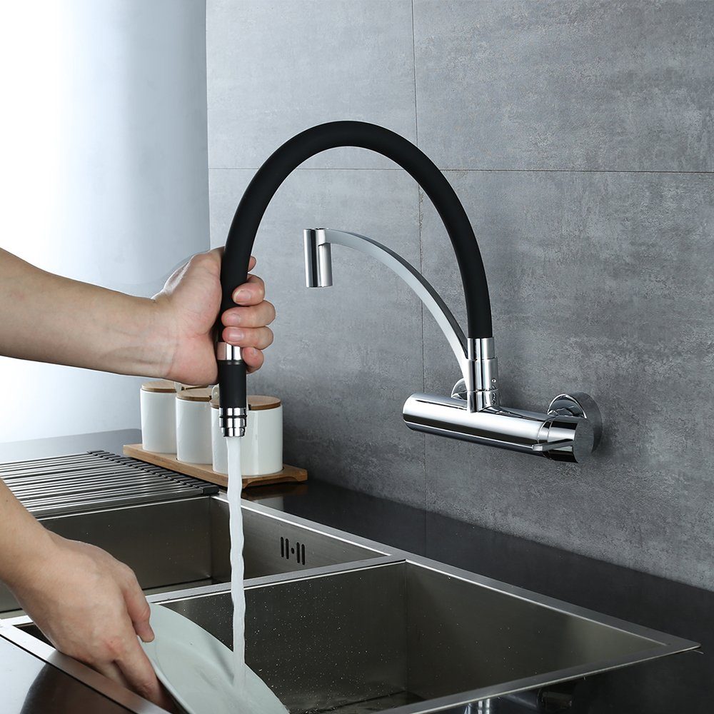 HOMELODY Spültischarmatur Wasserhahn Küche Wandmontage 180° drehbar Silikon Wand Küchenarmatur (Spülbecken armatur, Wandarmatur Flexibel Ausziehbarer 342mm) Ausziehbare Küchenarmatur,Messing, Schwarz