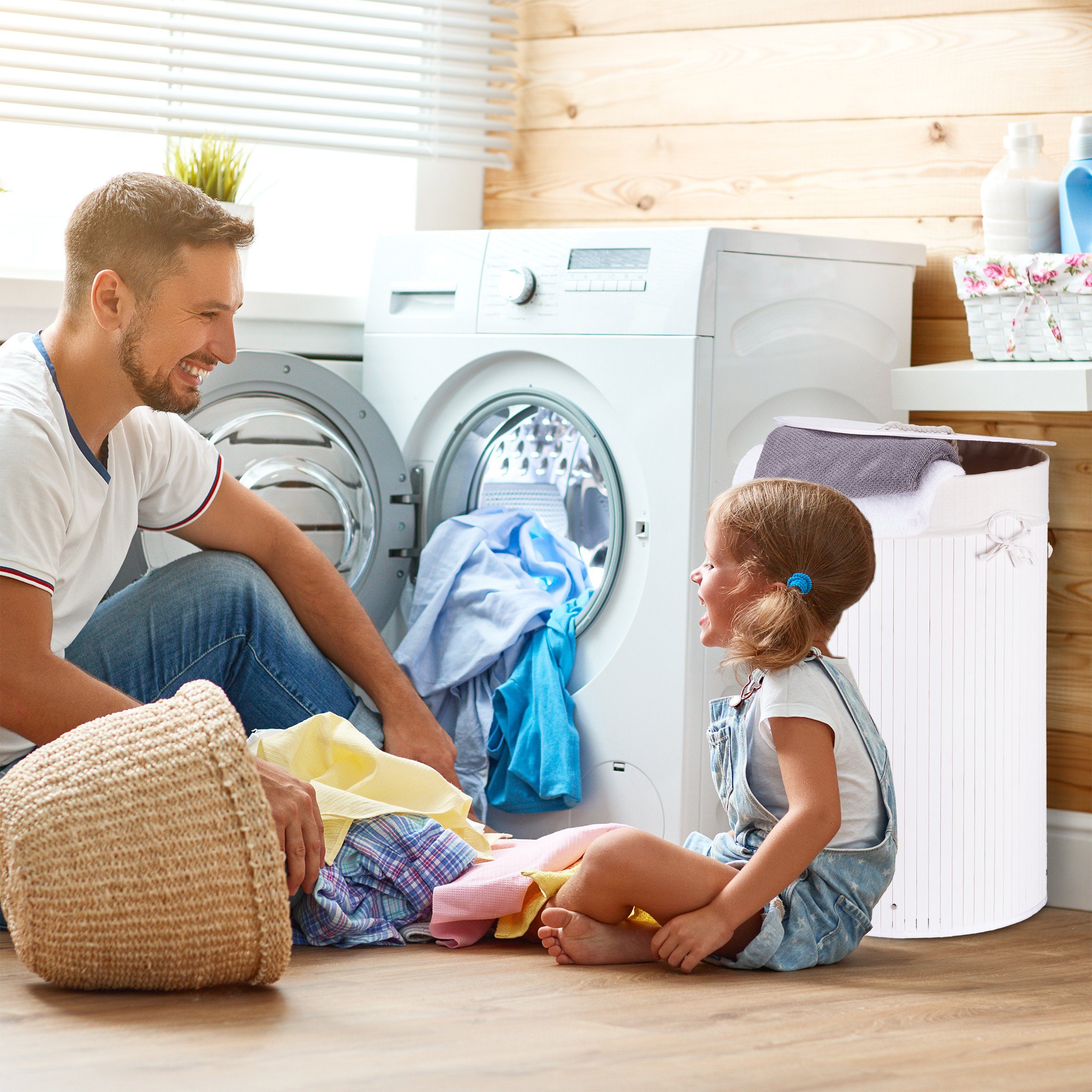 relaxdays Wäschekorb Bambus rund, weiß günstig online kaufen