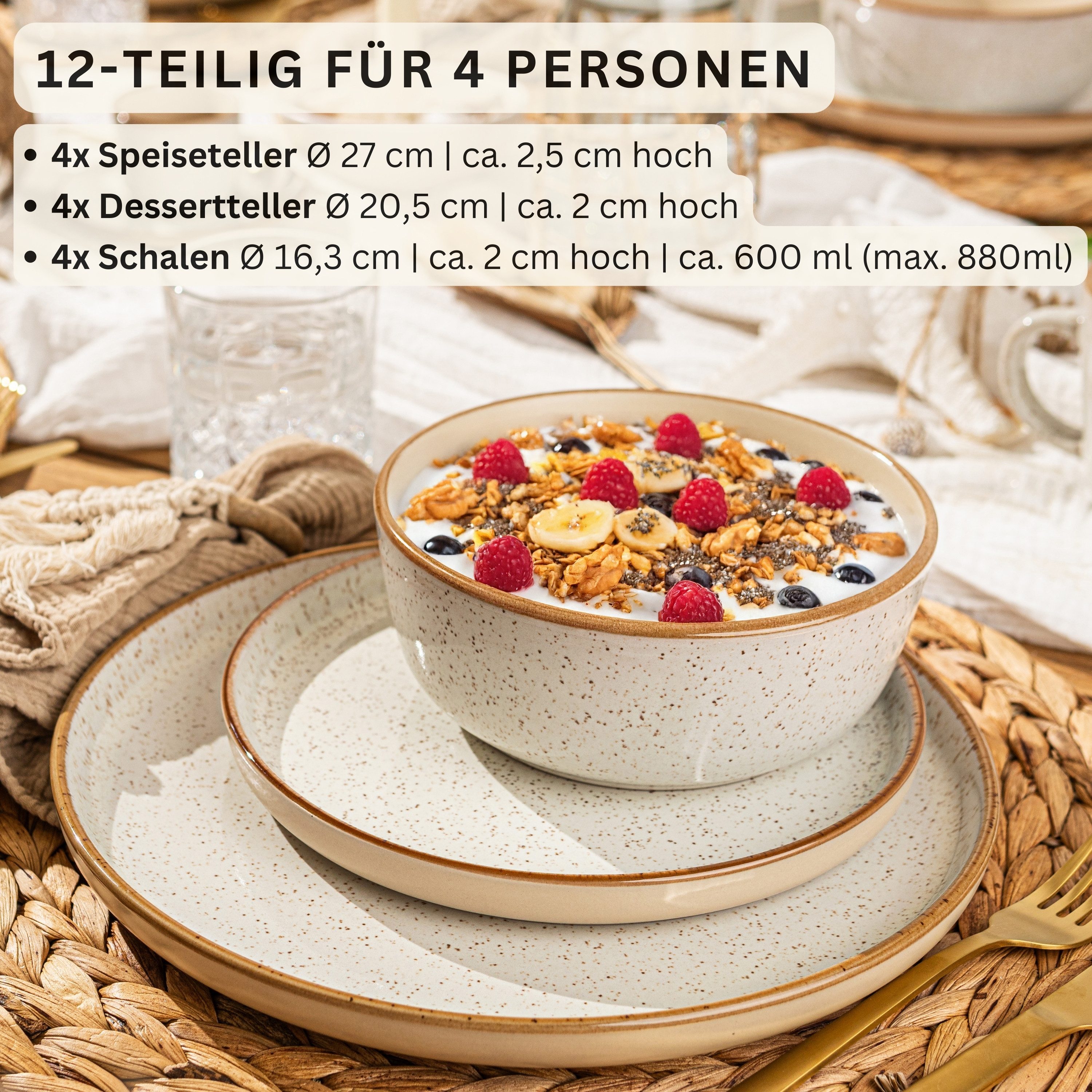 SÄNGER Tafelservice Rio Geschirrset (12-tlg), 4 Personen, Steingut, Handmade, Creme Beige, Erweiterbar, VALUE COLLECTION