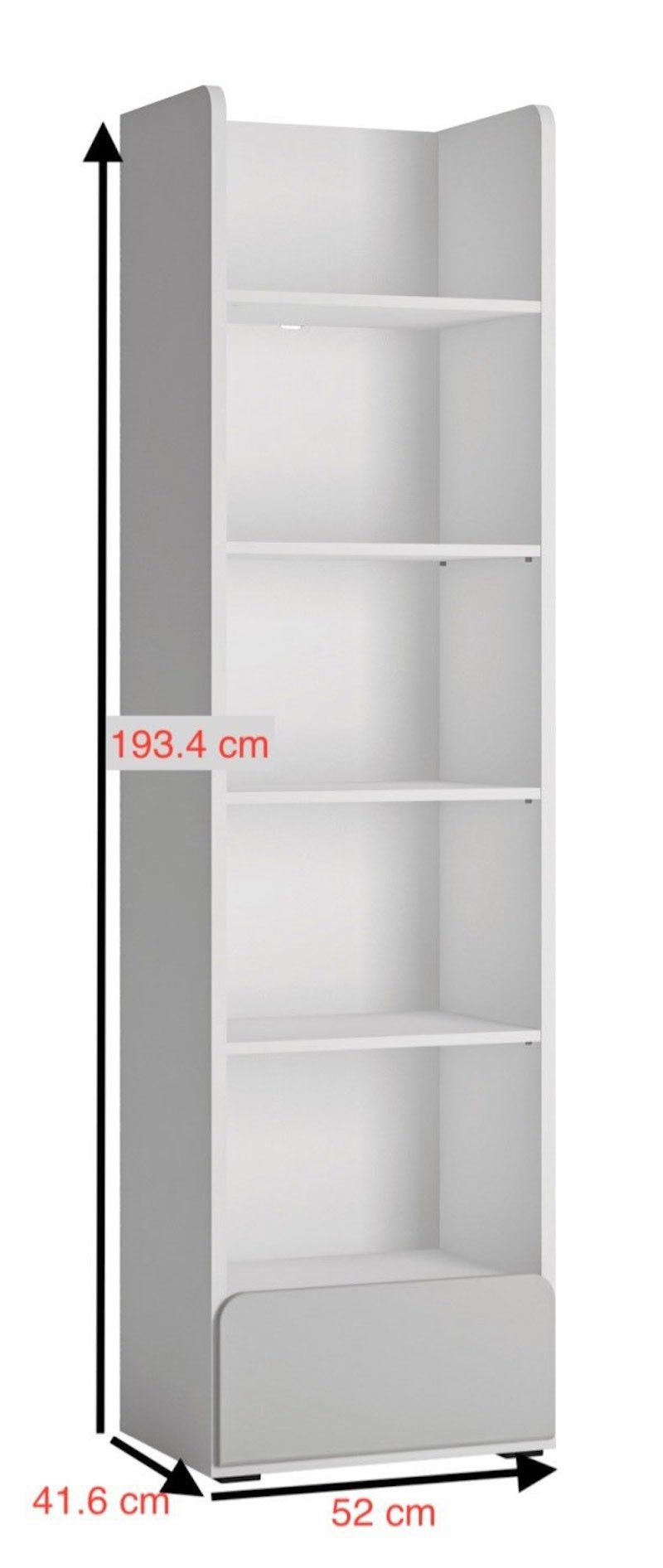 1 grifflos grau Feldmann-Wohnen Hochglanz Schublade Bücherregal Albi, 52x41x193cm mit weiß