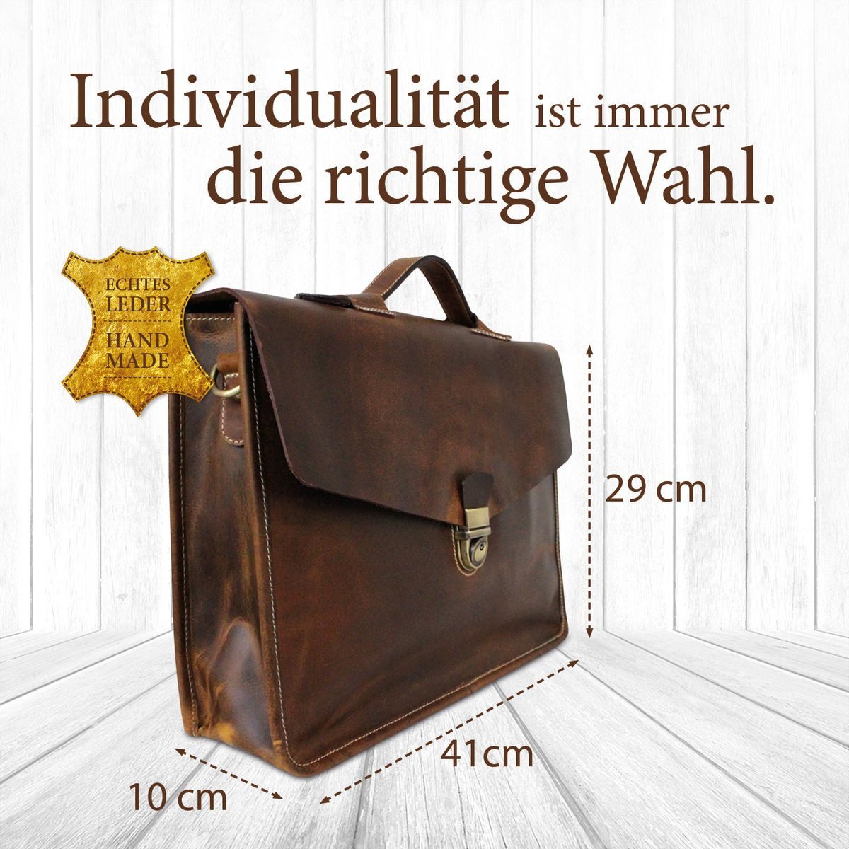 Corno d´Oro Aktentasche Echt Leder HANDMADE Business Laptoptasche für Damen und Herren, groß für 15,6 Zoll Laptop; leichtes Gewicht; Vintage Braun