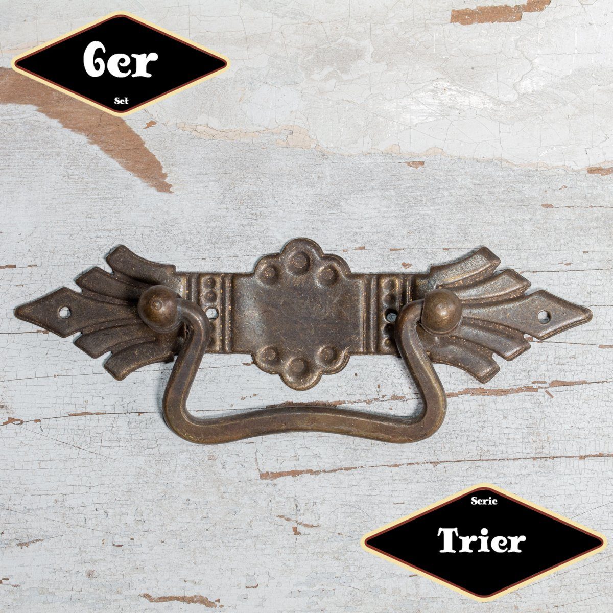 Antikas Möbelbeschlag Schubladengriff, Serie"Trier",6er Pack, Messing pat., H4,5xB12,5cm