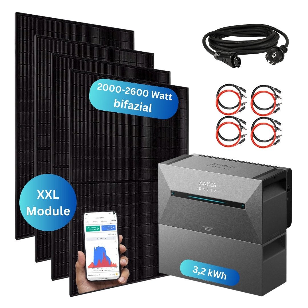 MyVoltaics Balkonkraftwerk 2000+ Watt Solaranlage + Anker Solarbank 2 Pro Speicher (3,2 kWh), 2000 W, bifaziale Module (bis zu +30% mehr Modulleistung), (Set, 4 Glas-Glas Solarmodule bifazial Wechselrichter steckerfertig), Genehmigungsfrei, jetzt mit versandkostenfreier Lieferung