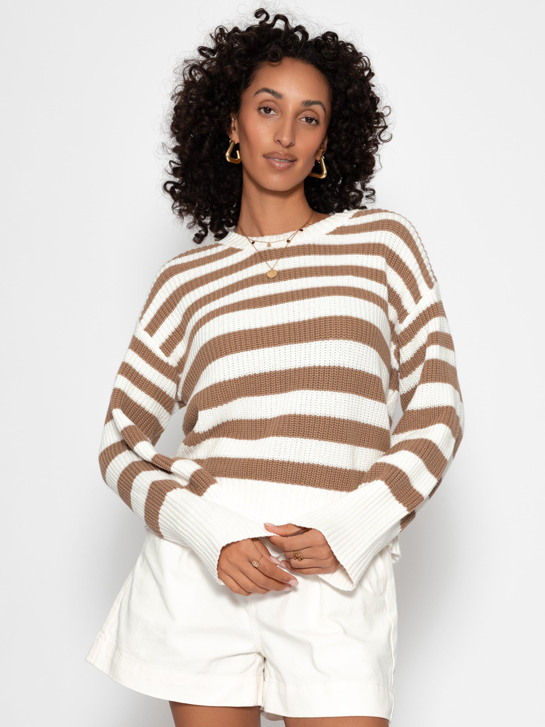 SASSYCLASSY Strickpullover Gestreifter Baumwoll-Pullover für Damen Strukturierter Pullover mit Rundhals im lockeren Schnitt