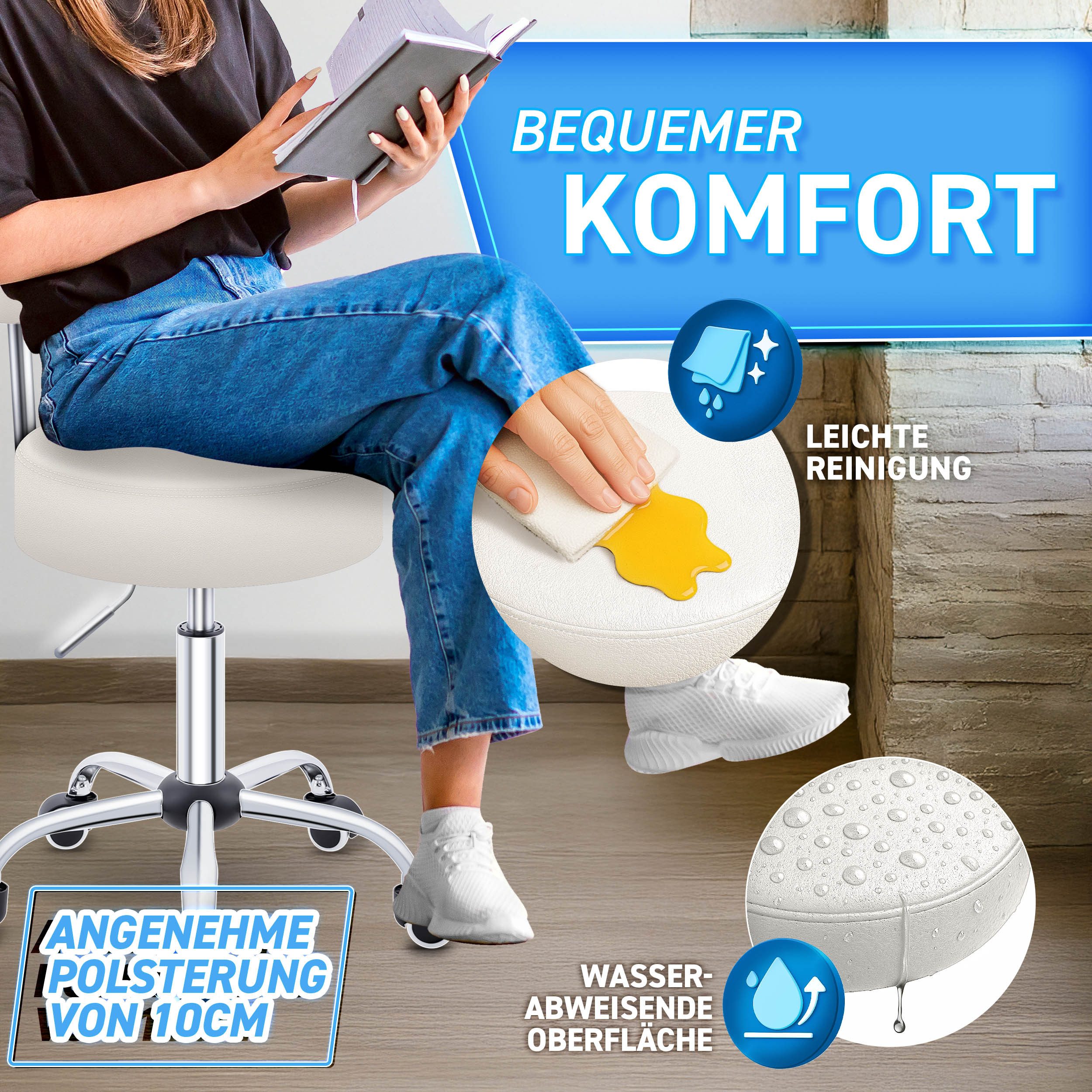 TRESKO Drehhocker Rollhocker mit Lehne, Arbeitshocker höhenverstellbar 46-58 cm, Bürostuhl mit Rollen Hocker Drehstuhl Kosmetikhocker