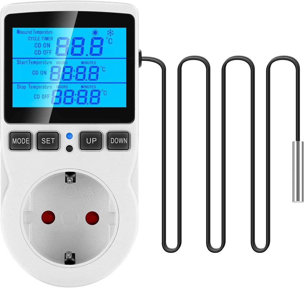 PRIISF Thermostat-Empfänger Raumthermostat Steckdosen-Thermostat Temperaturregler programmierbar, max. 230 V, mit Temperaturfühler Thermodetektor Sensor, (LCD Display mit Statusanzeige, -40~120 ℃ Heizkörperthermostat Temperaturregler), Heizkörperthermostat Steckdosen Heizkühlung für Heiz- & Klimageräte