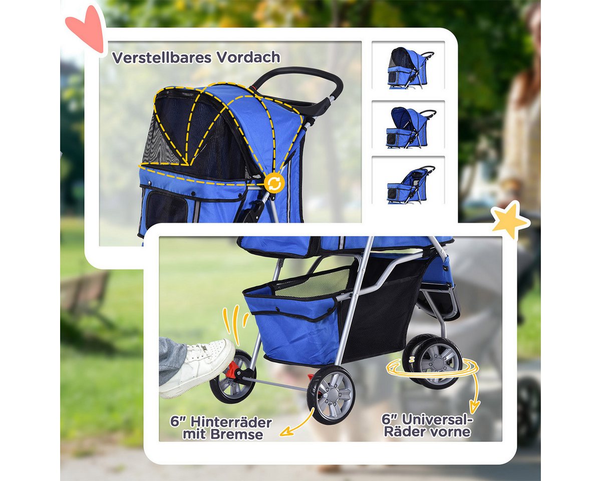 Thumbnail - XDeer Hundebuggy Hundebuggy mit Netzfenster Ablagekorb und 2 Becherhalter, Klappbar Hundewagen Pet Stroller bis 10 kg Bl...