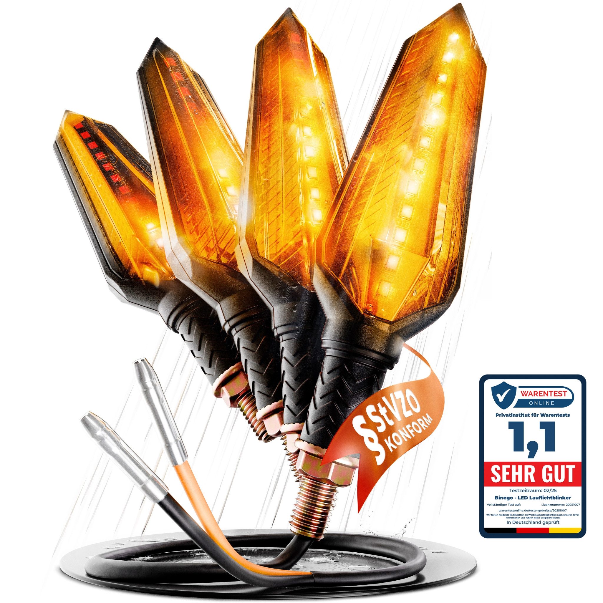 Binego Blinker LED Motorrad E Geprüft Mini Getönt Lauflicht Universell, Lauflicht, LED fest integriert, Gelb, Lauflicht, getöntes Blinkerglas
