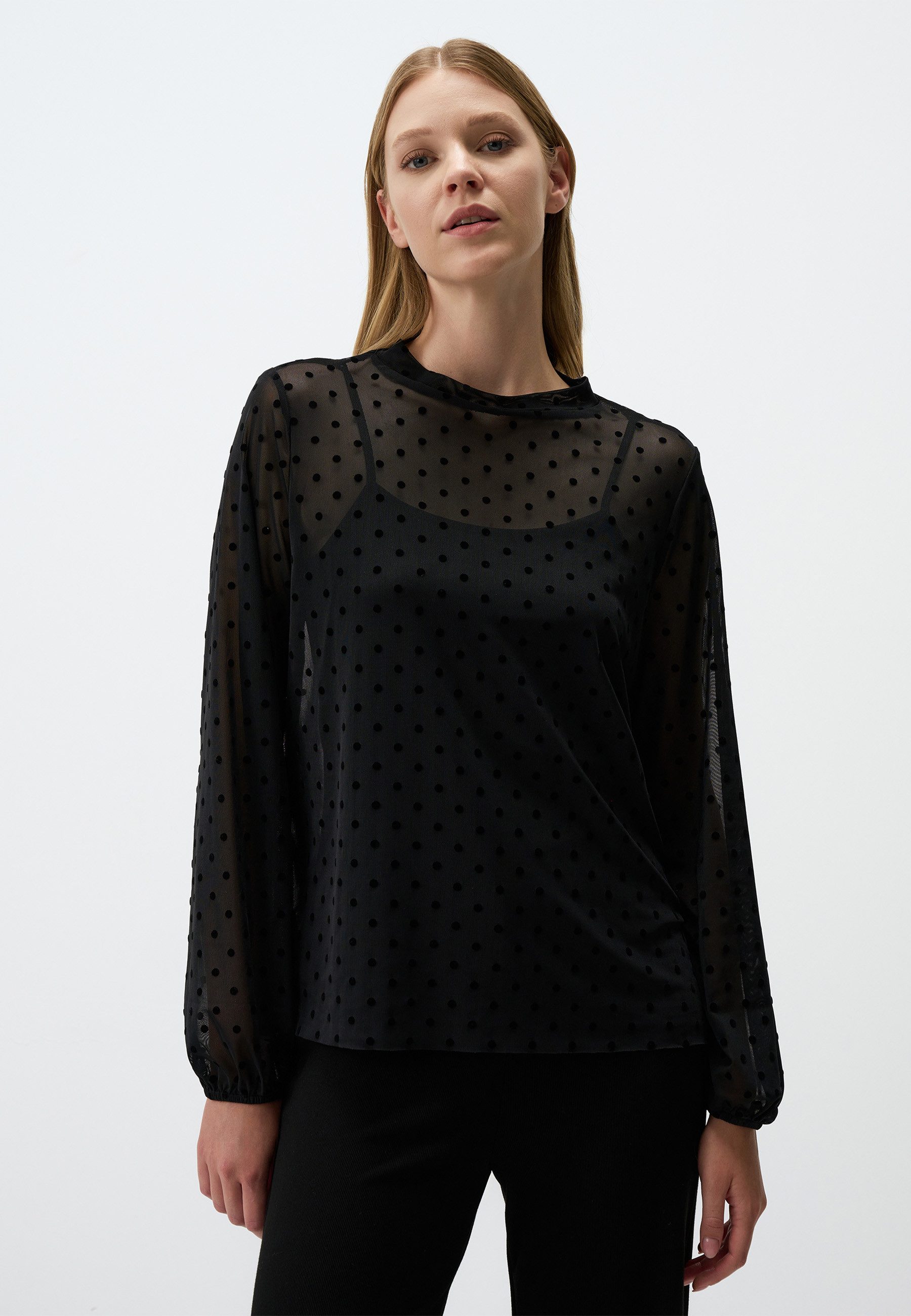 Blusentop Schwarz Durchsichtig Polka Dot Bluse