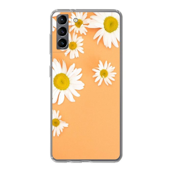 MuchoWow Handyhülle Kamillenblüten auf Orangenboden Phone Case Handyhülle Samsung Galaxy S21 Plus Silikon Schutzhülle