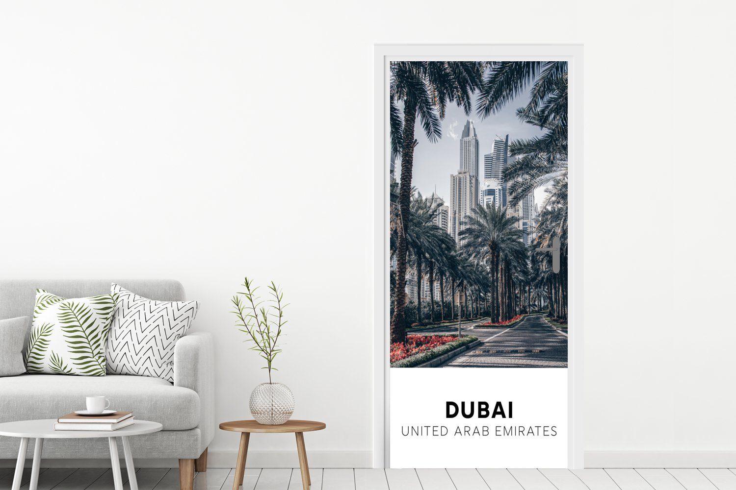 Türtapete bedruckt, St), Architektur Dubai - Türaufkleber, (1 Matt, Palme, cm MuchoWow Fototapete für Tür, - 75x205