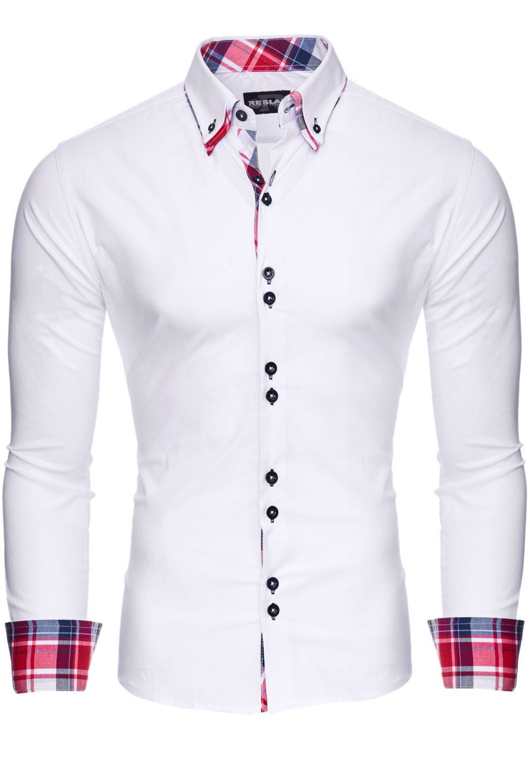 Reslad Hemd Langarmhemd Hemden Button-Down Herren RS-7015 Kontrast Slim Kontrast Fit Langarmhemd Karo Muster Reslad Doppelkragen