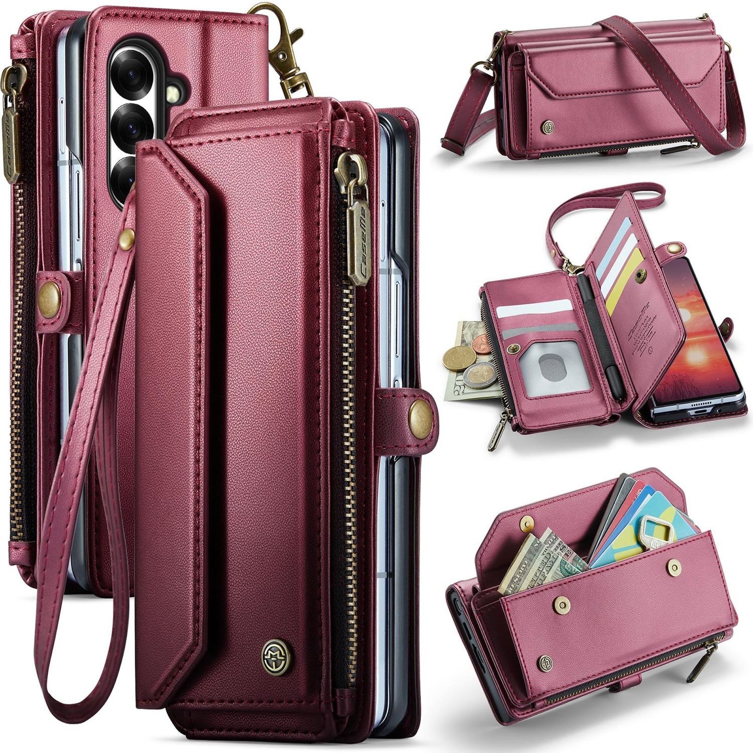 CaseMe Handyhülle Für Samsung Galaxy Z Fold7 5G Kunstleder C36 Multifunktion Hülle Rot, Zipper Wallet Hülle mit Kartenfächern, RFID-Schutz und Tragegurte