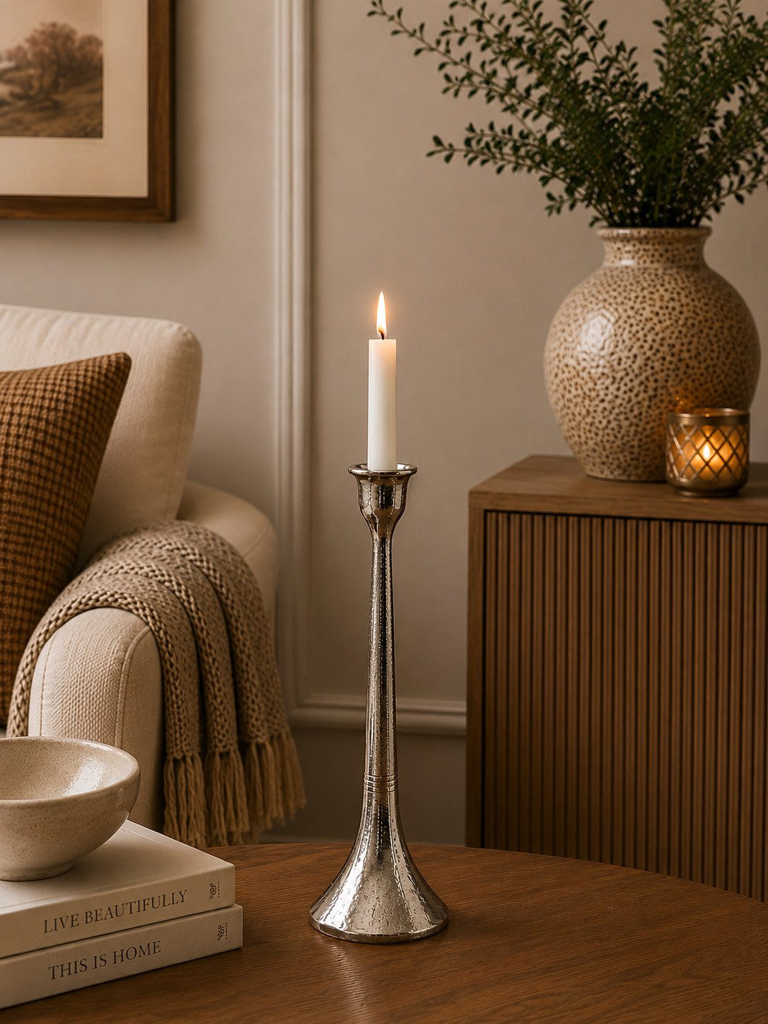 finehomegarden Kerzenständer Nickel H28 cm & H35 cm – Eleganter Kerzenleuchter mit Trumpet Base (Stück, 1 St), Metall Kerzenhalter für Stabkerzen 2Größen wählbar