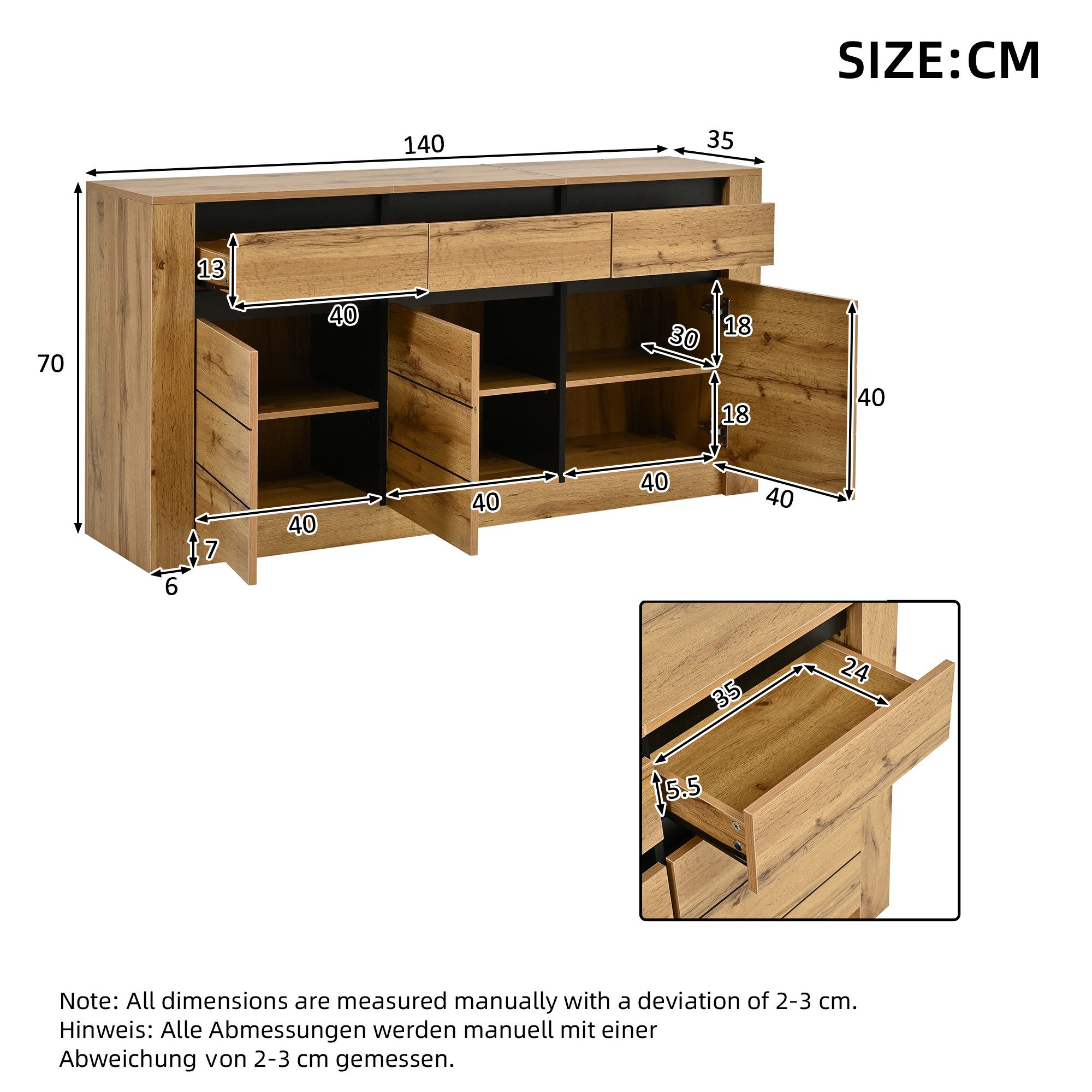 Odikalo Sideboard Kommode Aufbewahrungsschrank mit Lagerbereiche Schubladen (Sideboard 140×35×70cm aus Spanplatte moderner Kommode für Wohnzimmer Kabinett mit 9 – Bild 3 von 5