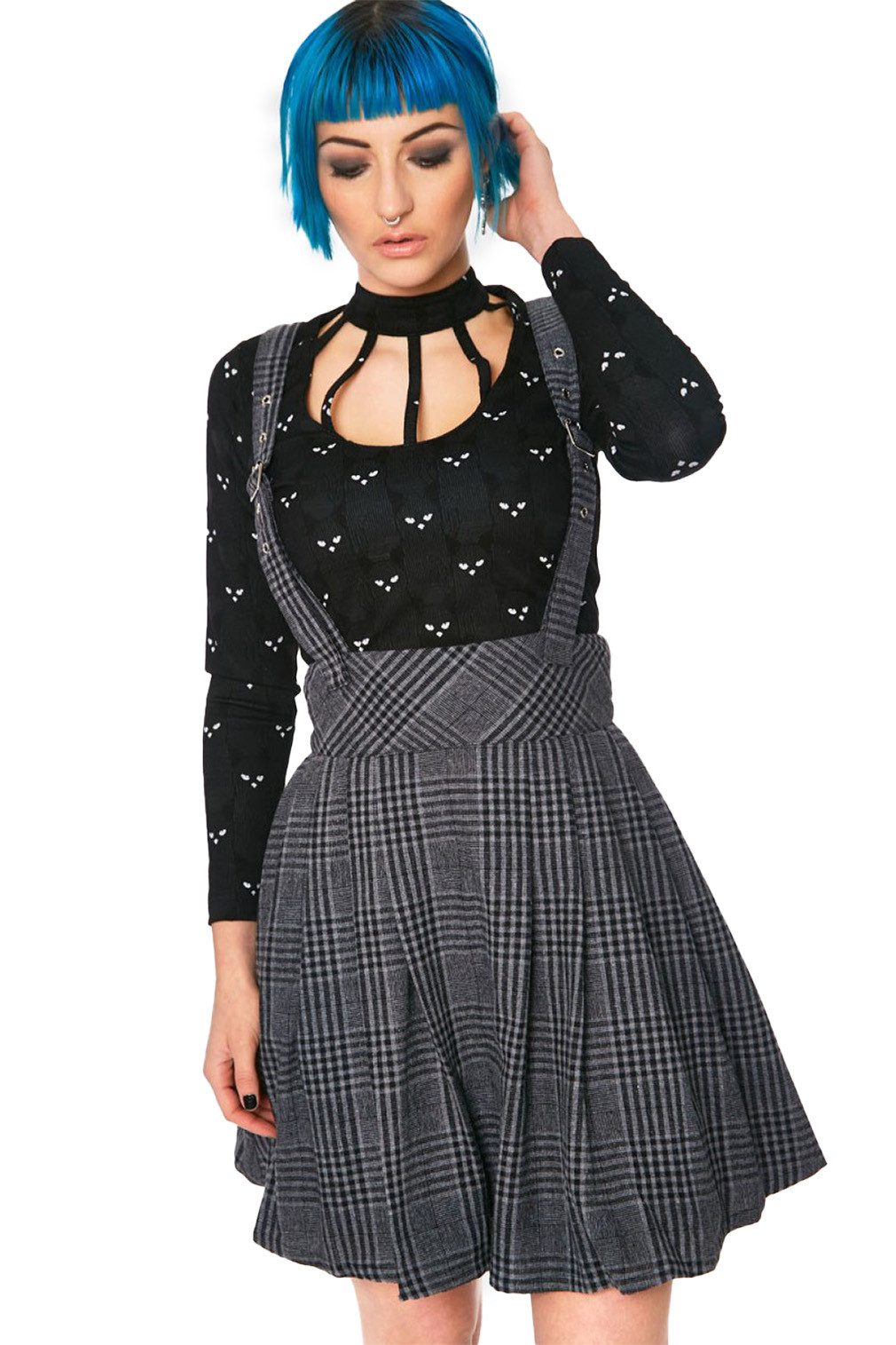 Jawbreaker Plisseerock Grey Days High Waisted Skirt Grau Kariert mit Träger günstig online kaufen