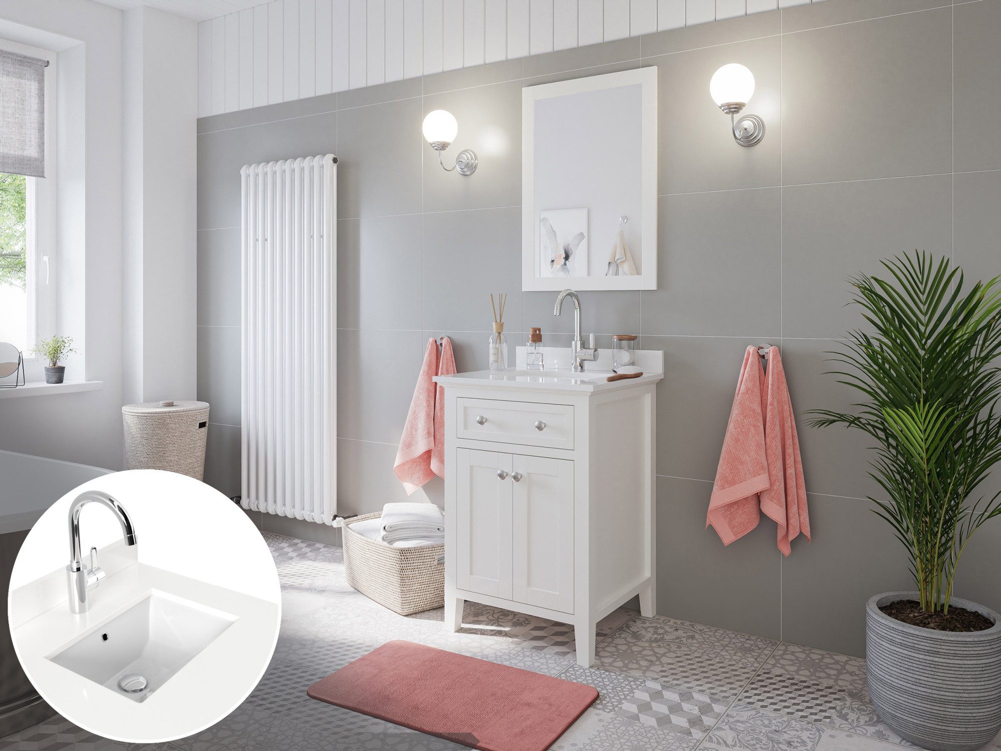 Magnolia Home Badmöbel-Set Landhaus Badmöbel-Set Postigo 60 Quarz weiß montiert weiss lackiert