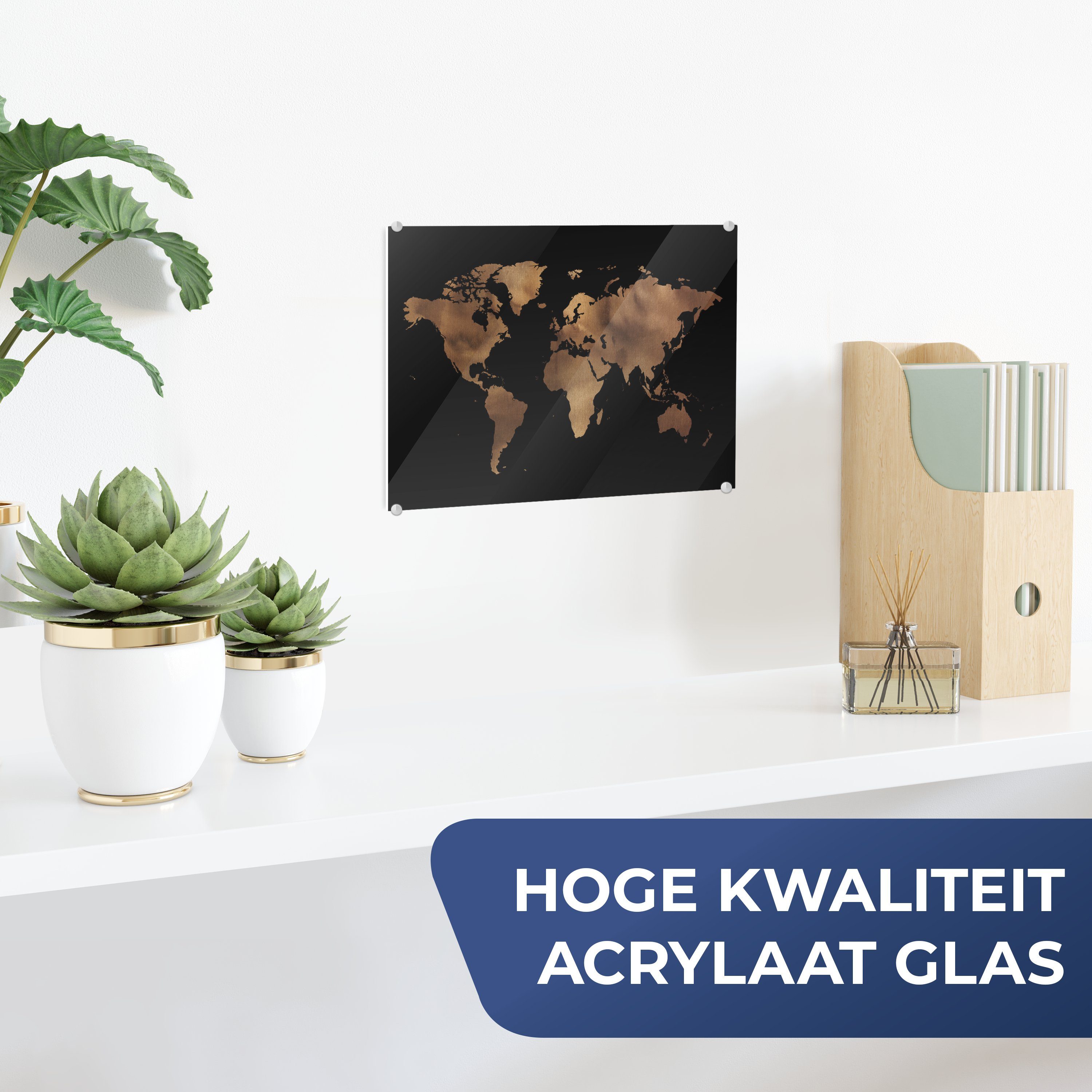 MuchoWow Acrylglasbild Weltkarte - Schwarz - Bronze, Inkl. Aufhängung, Glas günstig online kaufen