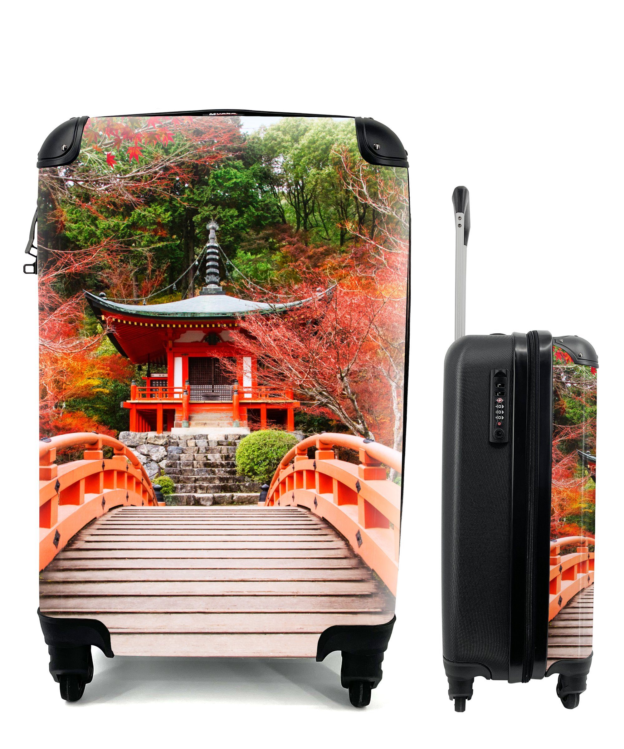 MuchoWow Handgepäckkoffer Brücke - Pagode - Japanisch - Rot - Natur, 4 Rollen, Reisetasche mit rollen, Handgepäck für Ferien, Trolley, Reisekoffer