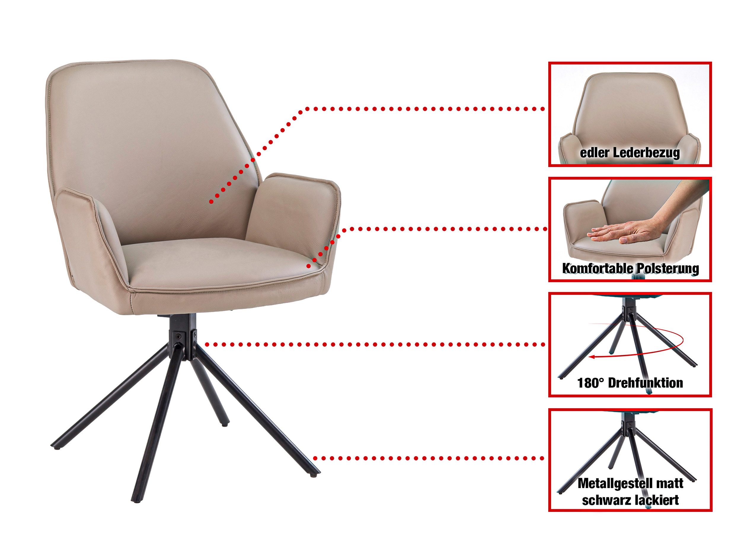 Massivart® Polsterstuhl Echtleder drehbar 180 Grad / Esszimmerstuhl »COVELO«, mit Nivellierung · Metallgestell schwarz matt