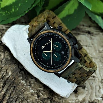 Holzwerk Chronograph BERGHEIM Damen & Herren Holz Armband Uhr mit Datum, schwarz, grün