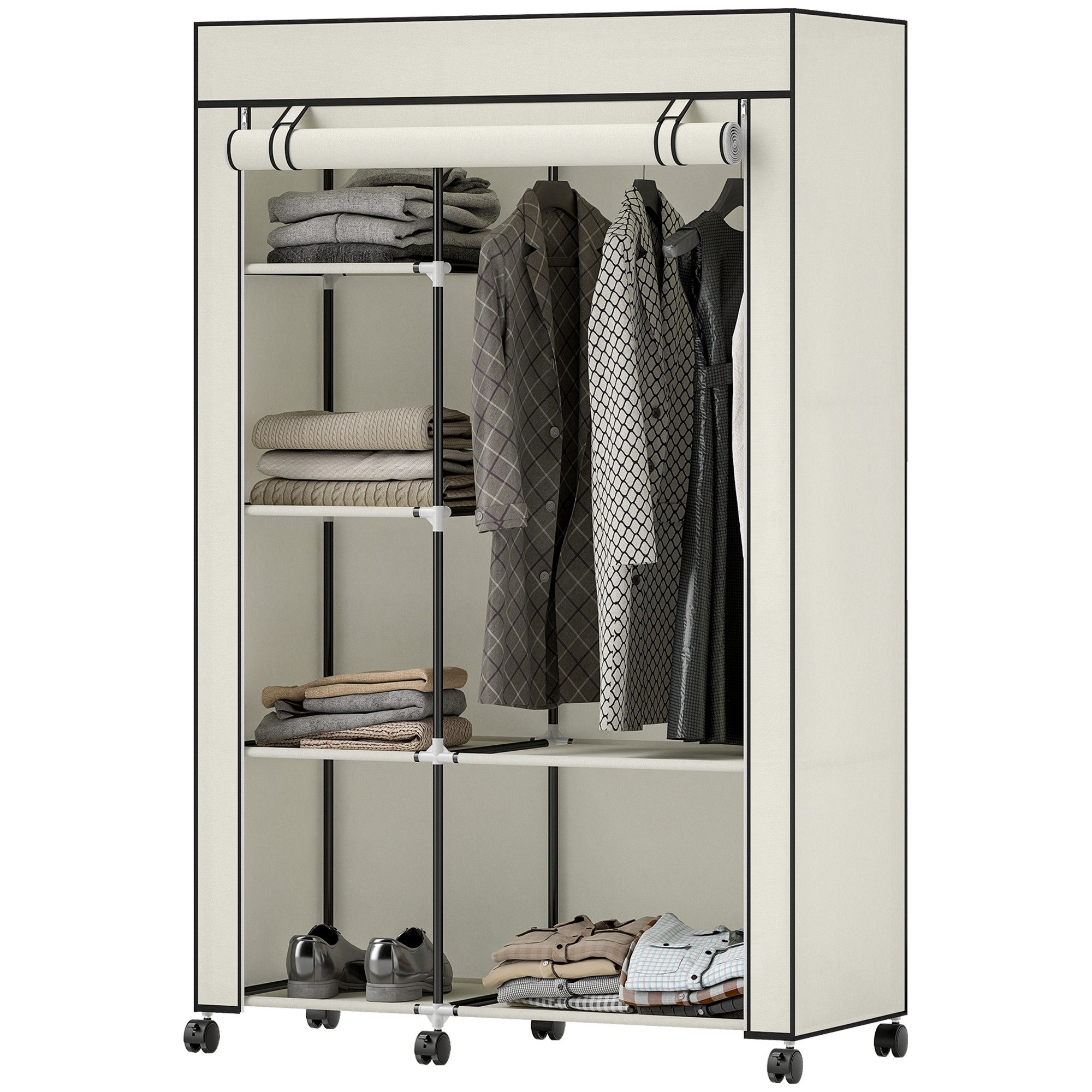 Luckice Stoffschrank Stoffschrank, Aufbewahrungslösung mit 6 Regalen & 1 Kleiderstange (103x43x162,5 cm, Creme, mit Rollen)