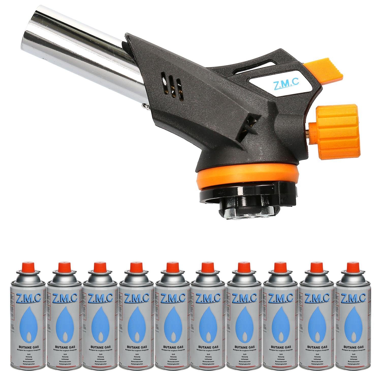 ZMC Flambierbrenner Bunsenbrenner Grillanzünder Lötlampe mit 10x Gaskartuschen 227g MSF-1a, (Temperatur von bis zu 1300 ° C, Einstellbare Flamme, Piezo-Zündung, Kohleanzünder Flambierbrenner Butangasbrenner Butangas Gaskartusche), Brenneraufsatz Gasbrenner Flambiergerät Lötbrenner Gasanzünder