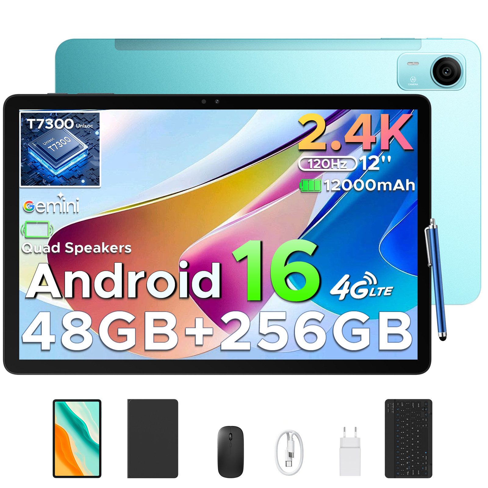 Aorlym Android 16 Tablet mit Tastatur 12 Zoll 2.4K 120Hz 256GB 12000mAh USB-C Tablet (12", 256 GB, Proprietär, GSM: B2/B3/B5/B8, 800, TDD: B34/38/39/40/41, WCDMA: B1/2/4/5/8, FDD: B1/2/3/4/5/7/8/18/19/20/25/26/28AB/66, GSM/WCDMA/FDD/TDD, GPS-Ortung, 4G, WLAN, Videochat, Bluetooth)