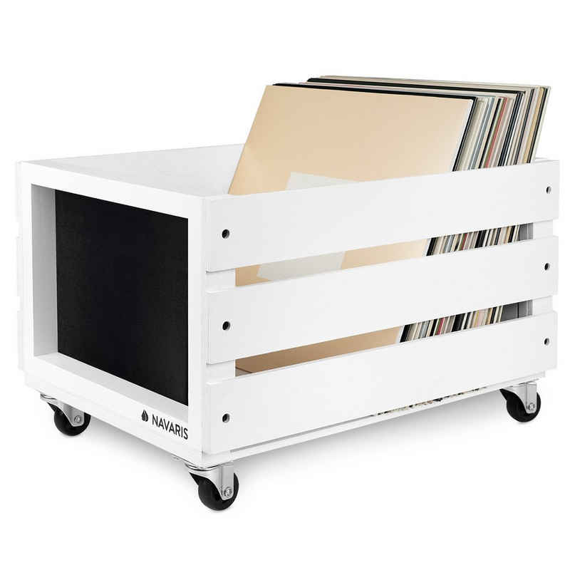 Navaris Holzkiste Holz Schallplatten Kiste Kreidetafel Räder 42,9x34,4x28cm 80 LP Weiß (1 St)