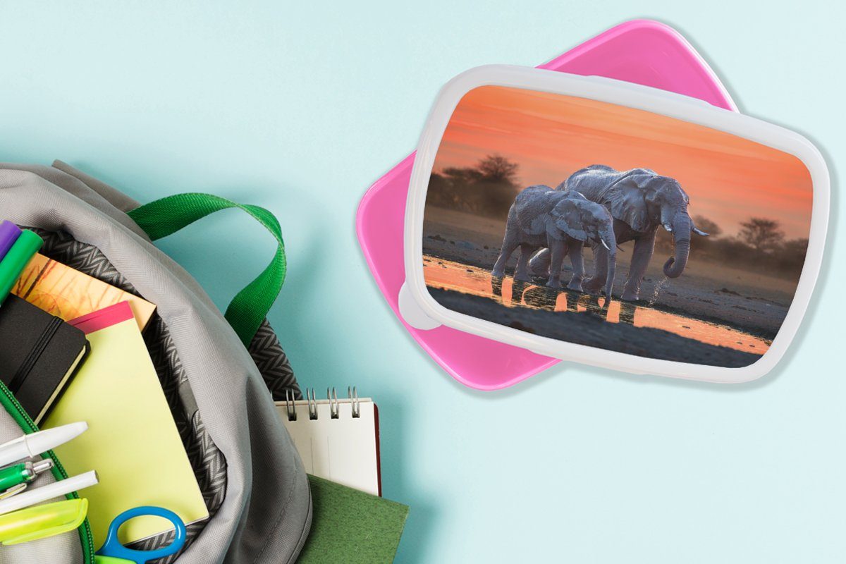 rosa Elefant Erwachsene, Orange, Sonnenuntergang Kinder, - - Lunchbox Mädchen, Wasser MuchoWow Kunststoff Snackbox, - - für (2-tlg), Tiere Brotdose Brotbox Kunststoff,
