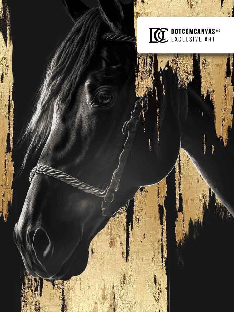 DOTCOMCANVAS® Leinwandbild, Leinwandbild schwarz gold Ra Tier mit Luxury Horse Rahmen luxus schwarzer premium Pferd