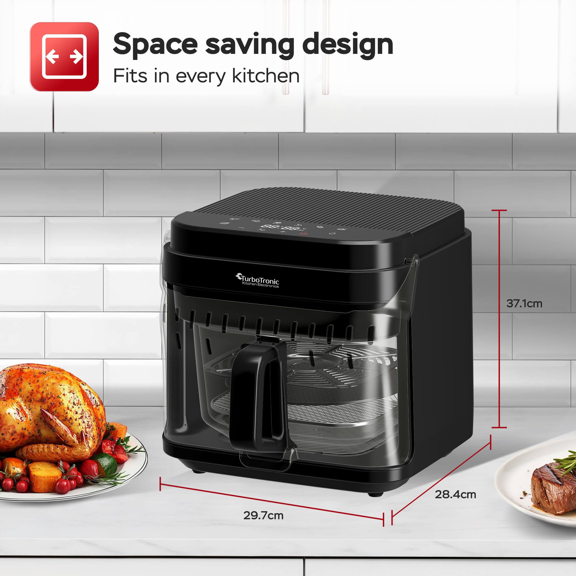 TurboTronic by Z-Line Heißluftfritteuse Glas Airfryer 40–200 °C Heißluftofen 8 Programme ohne Fett Fry & Grill, 1200 W, Dörren Heißluft Fritteuse Power Fettarm Air Fryer BPA-frei