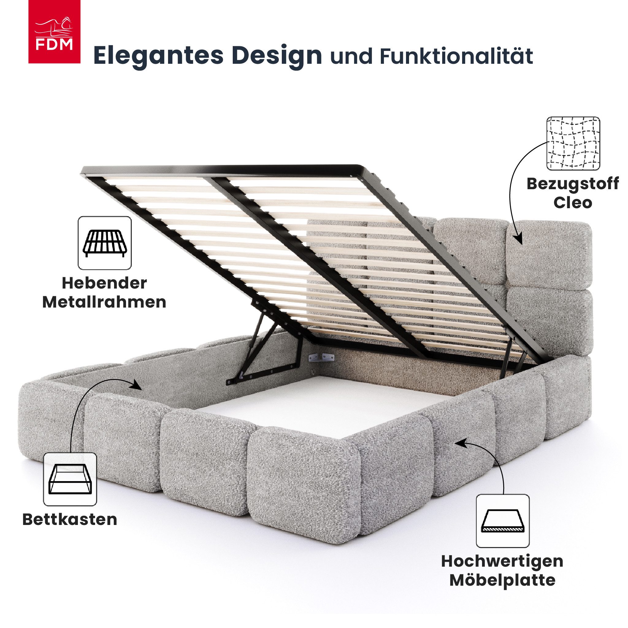 FDM Polsterbett CLOUDY Bettgestell Bett 140x200, 160x200, 180x200 cm Bestseller (verfügbar 140x200 160x200 180x200cm, Bettrahmen, Bett, mit großen gepolsterten Kopfteil, mit Bettkasten zum aufklappen), Hebbarer Metallrahmen, Bettkasten, ohne Matratze